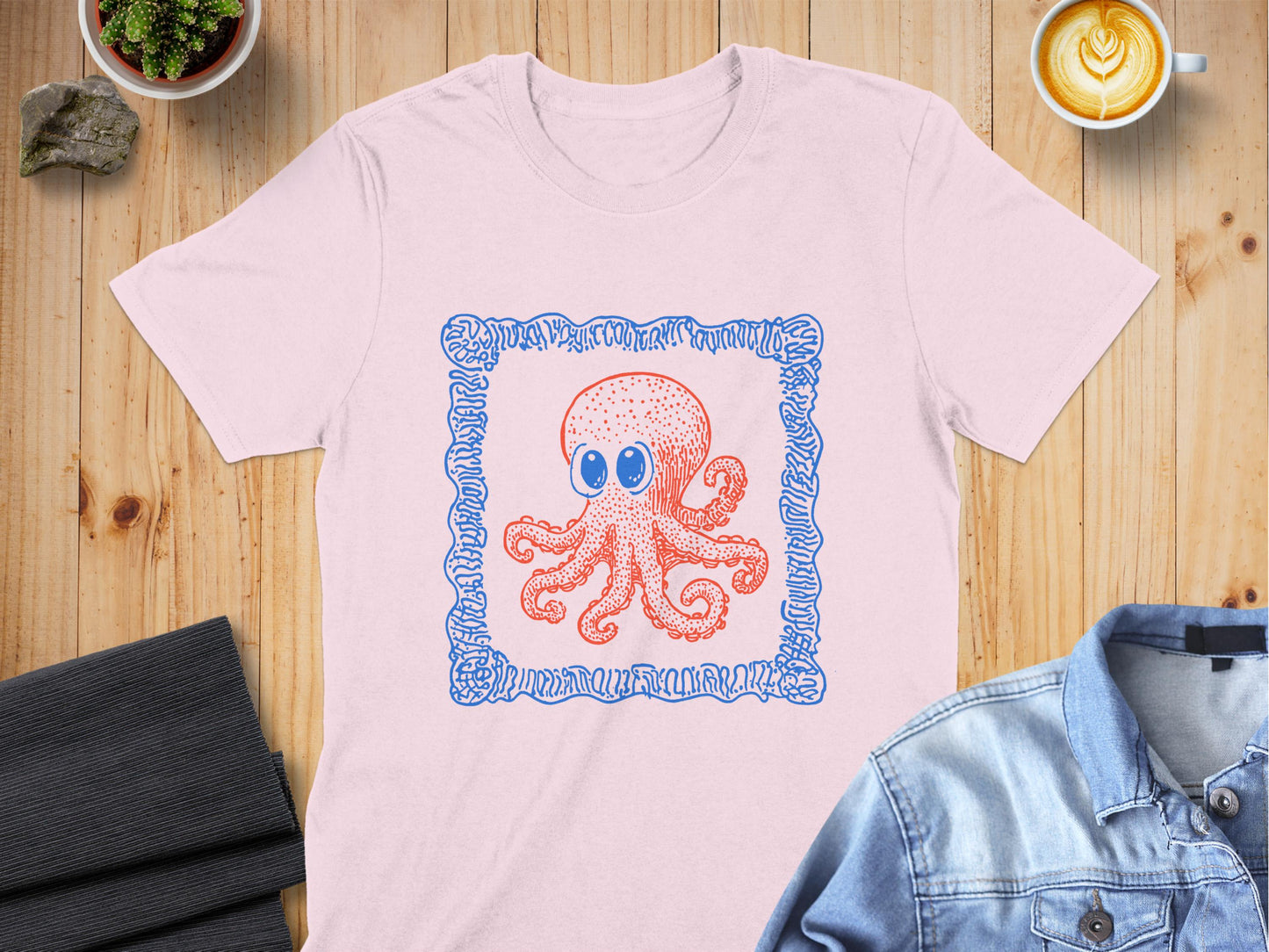 Cute Octopus Illustration in Blue Frame T-shirt product type