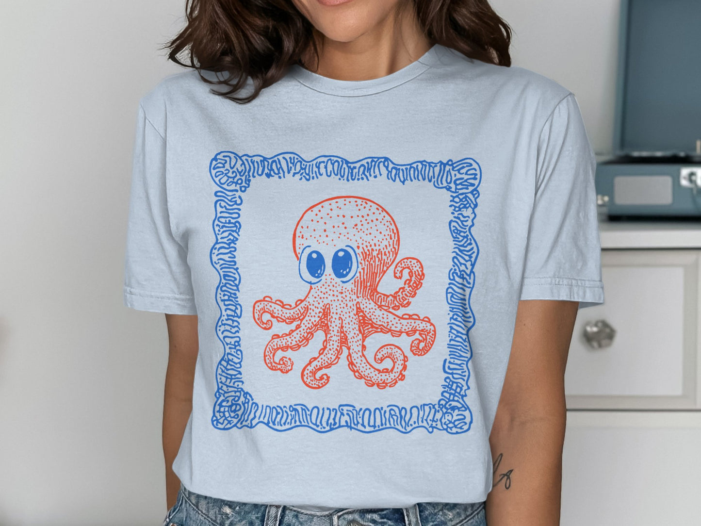 Cute Red and Blue Octopus Design Graphic T-Shirt product type