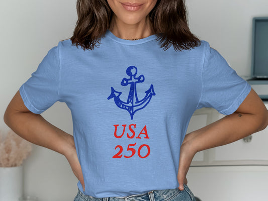 Light blue t-shirt with red anchor and "USA 250" text.