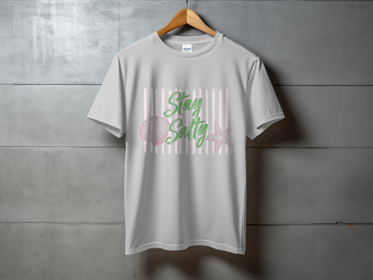 Light gray t-shirt with pink stripes and a seashell and starfish graphic.