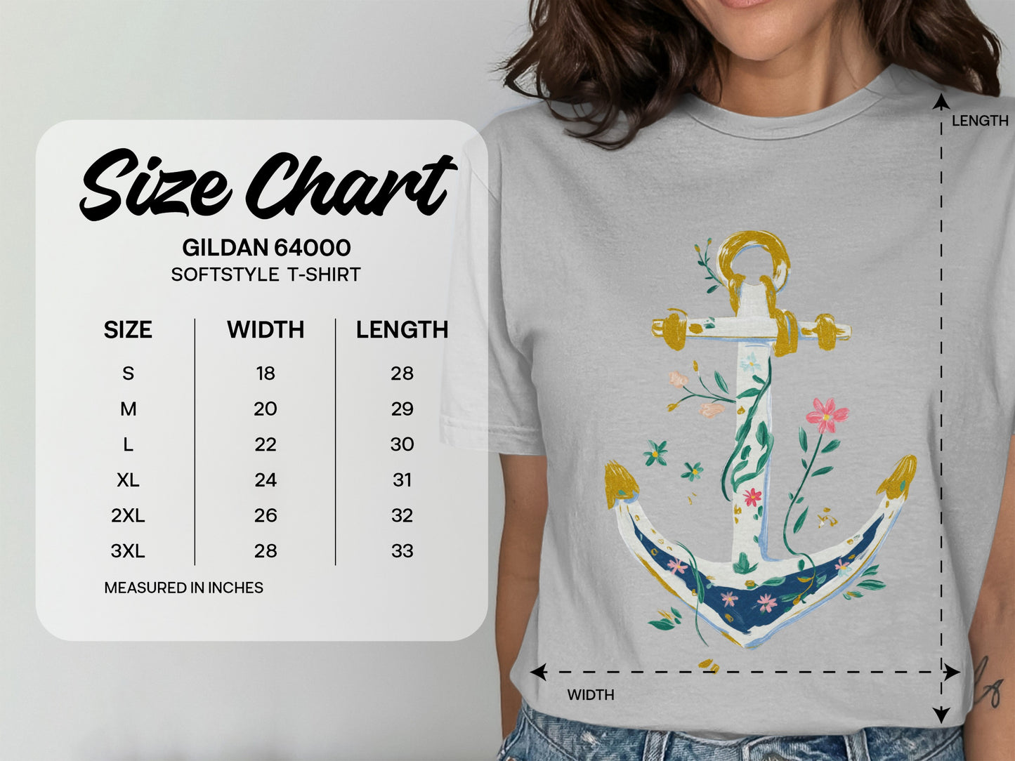 Gildan 64000 Softstyle t-shirt size chart with measurements in inches.