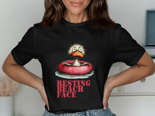 Cartoon duck with wide eyes in a red float, "RESTING BEACH FACE" text.
