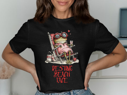 Frog in sunglasses and pink dress relaxing in beach chair with drink.