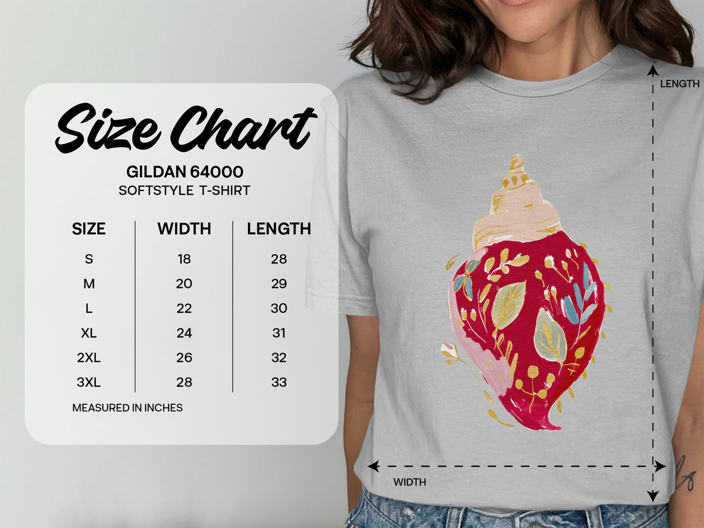 Gildan 64000 Softstyle T-shirt size chart with measurements in inches.