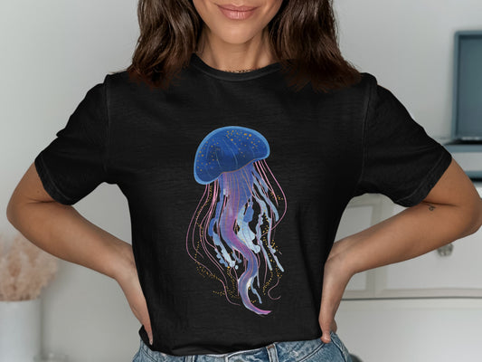 Black t-shirt with a blue jellyfish design with pink and gold accents.