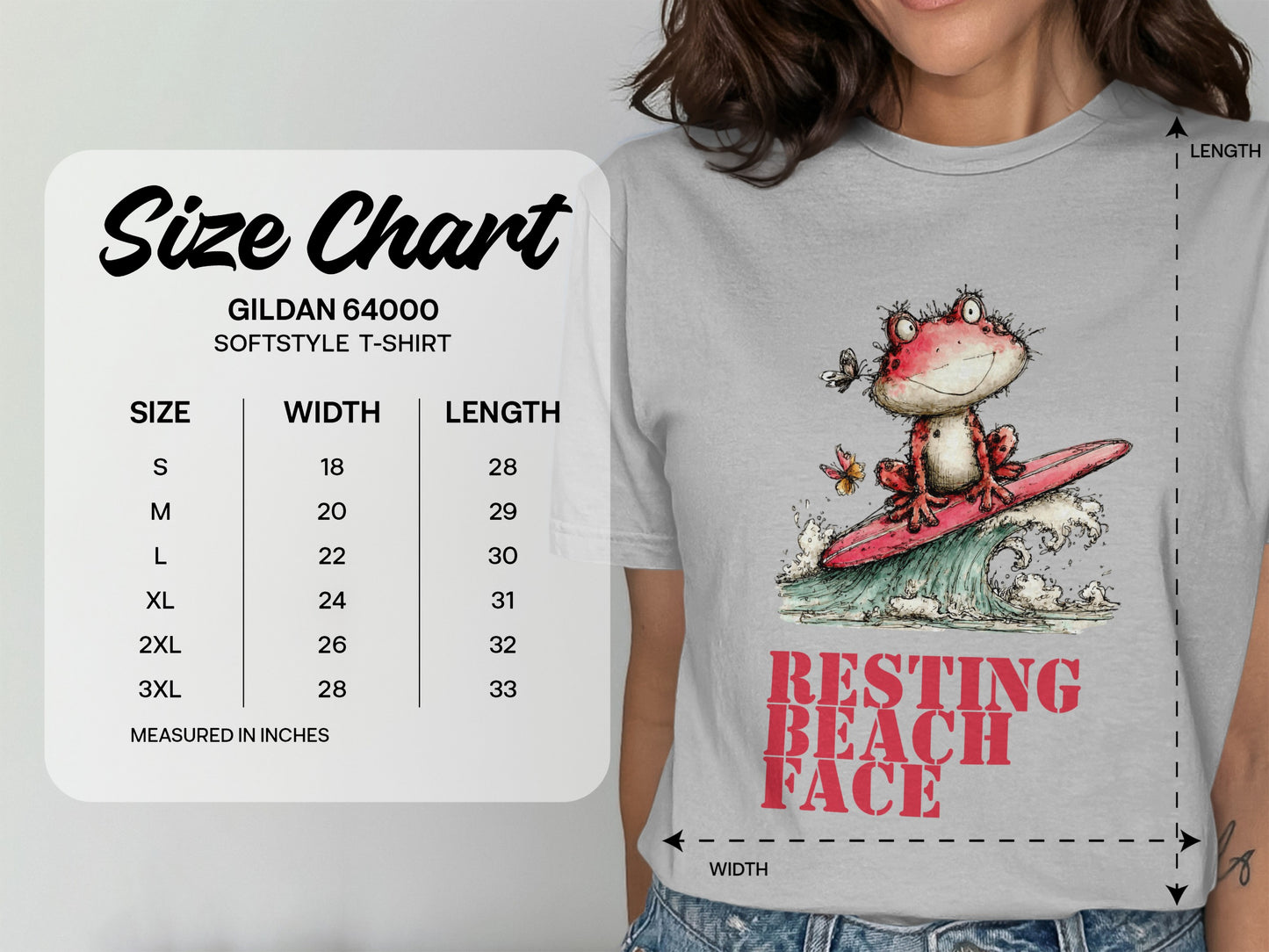 Gildan 64000 size chart with frog graphic and "Resting Beach Face" text.