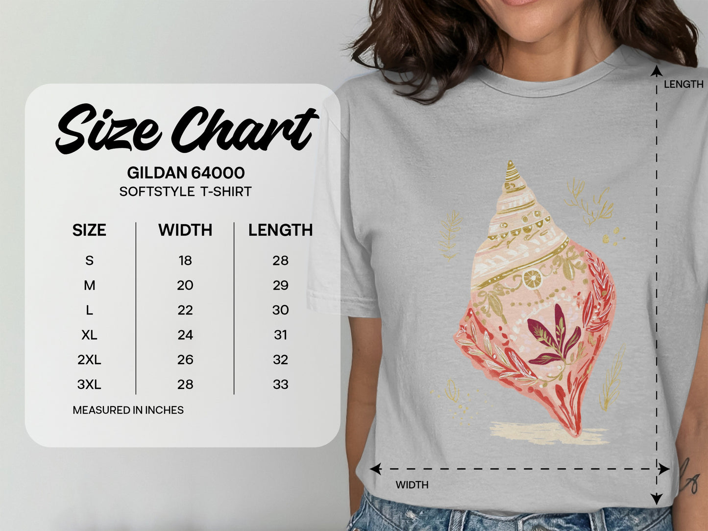 Gildan 64000 Softstyle T-Shirt size chart with width and length measurements in inches.