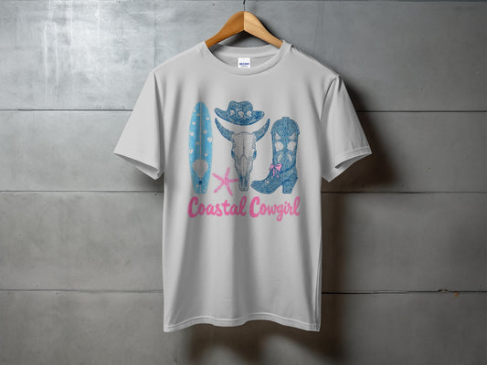 White t-shirt with coastal cowgirl graphic of boots, hat, and starfish.