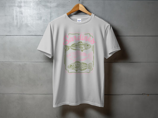 Gray t-shirt with pink and green sardines graphic and text.