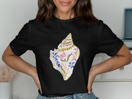 Black t-shirt with a watercolor floral shell design.