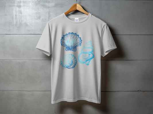 Light gray t-shirt with blue line art of three seashells.