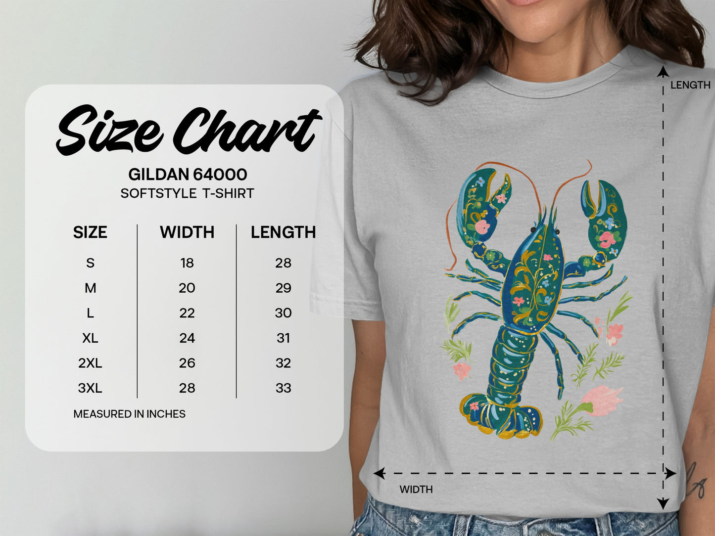 Size chart for Gildan 64000 Softstyle t-shirt with lobster graphic.