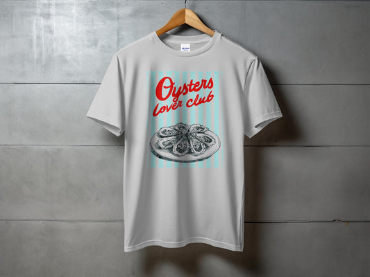Light grey t-shirt with "Oysters Lover Club" text and illustration of oysters.