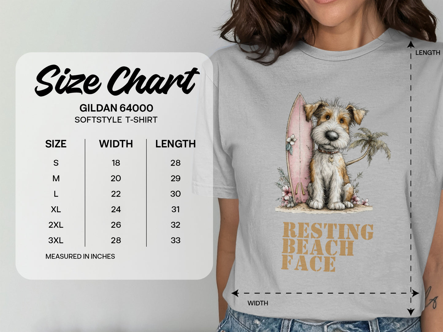 T-shirt size chart with measurements and a dog with a surfboard illustration.