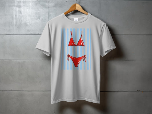 White t-shirt featuring a red and blue striped bikini graphic.