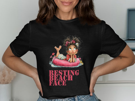 Illustration of girl on pink inflatable with "RESTING BEACH FACE" text.