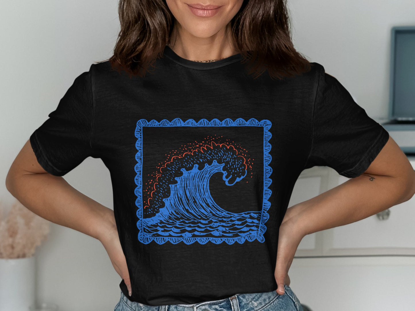 Artistic Wave Design on Black T-shirt product type