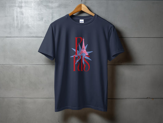 Navy t-shirt with red "PARIS" text and Eiffel Tower graphic.