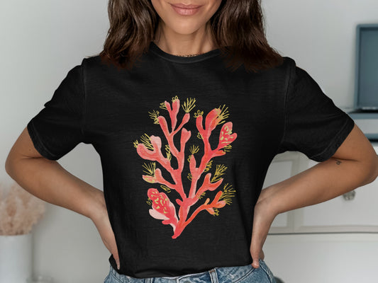 Black t-shirt with a watercolor coral graphic in pink and yellow.