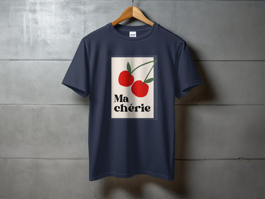 Navy t-shirt with "Ma chérie" and two red cherries graphic.