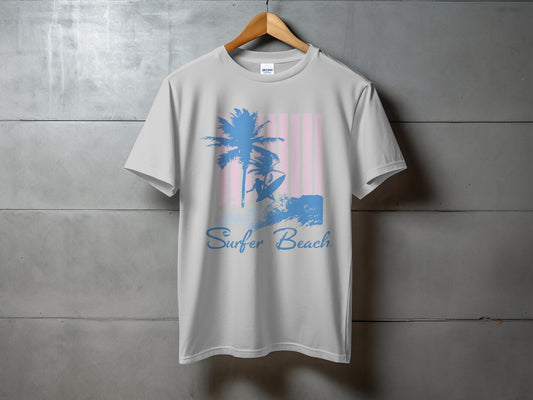 White t-shirt with palm tree, surfer, and pink stripe graphic.