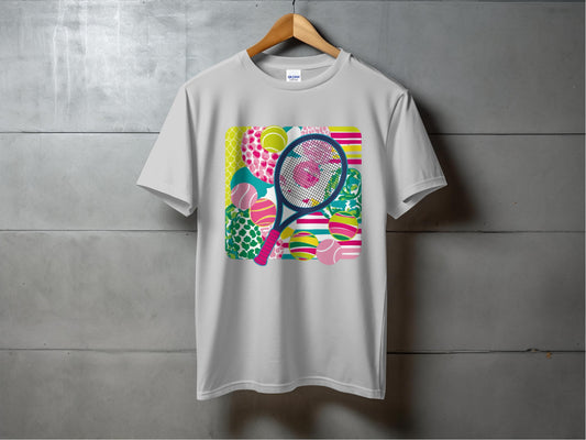 Vibrant Tennis Racket Design on Graphic T-Shirt Product
