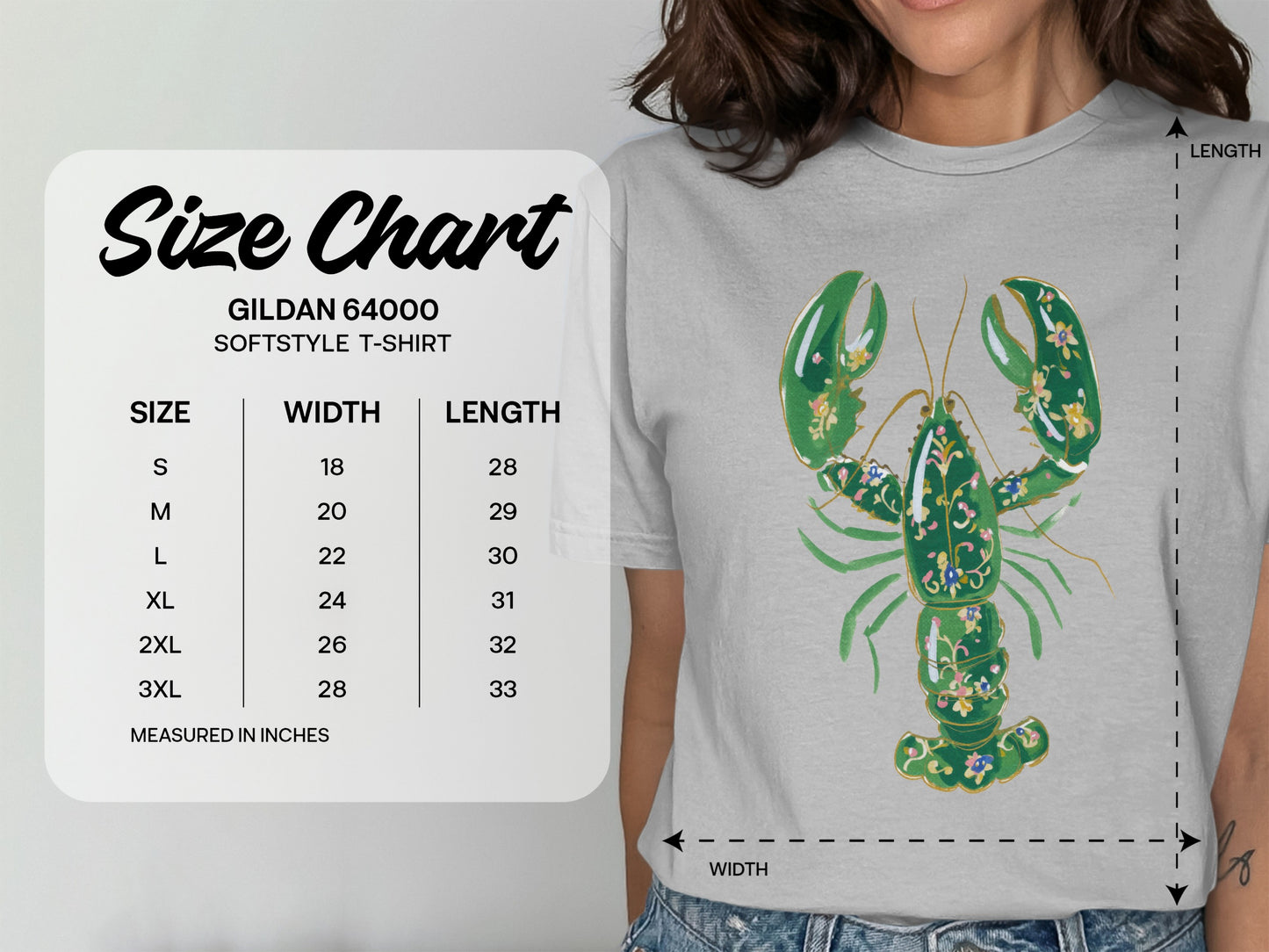 Gildan 64000 softstyle t-shirt size chart with lobster graphic.