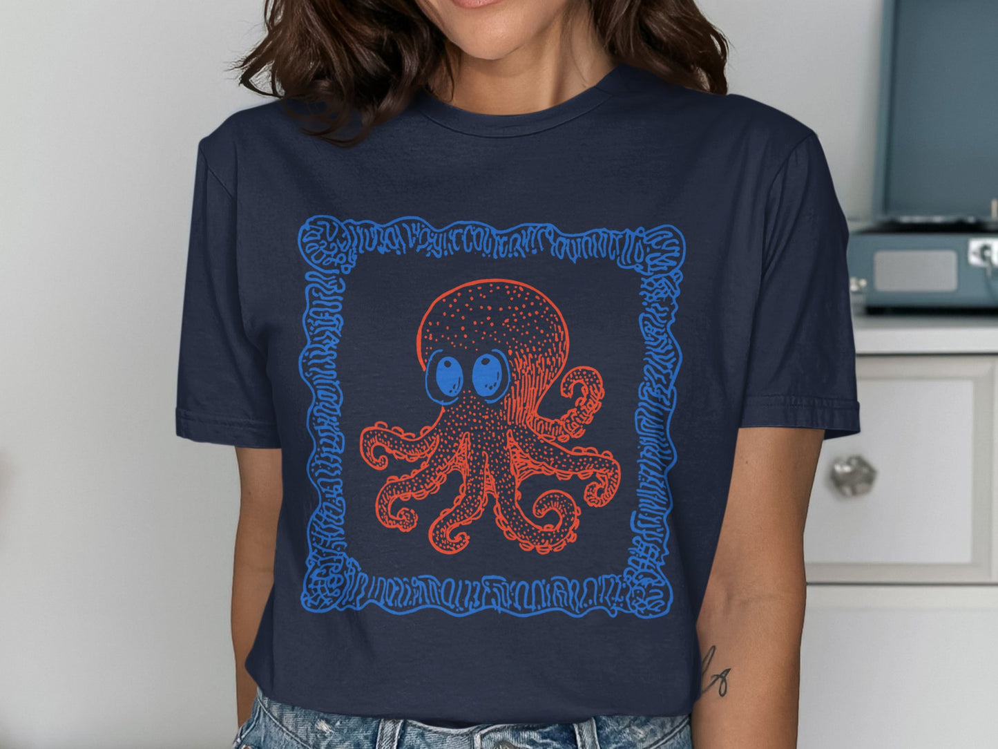 Quirky Octopus Graphic Design Navy Blue T-shirt product type