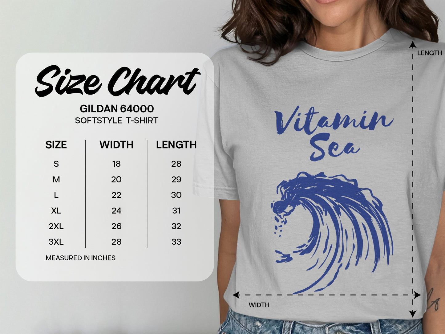 Gildan 64000 size chart for softstyle t-shirts, measured in inches.