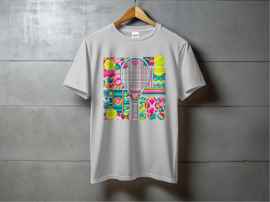 Vibrant Tennis Racquet and Balls Graphic T-Shirt product
