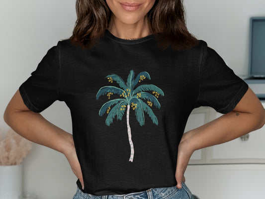 Black t-shirt with a stylized green palm tree and yellow coconuts graphic.