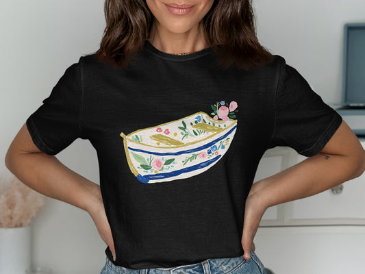 Black t-shirt featuring a watercolor floral boat design.