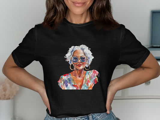 Black t-shirt with a watercolor portrait of a stylish older woman.