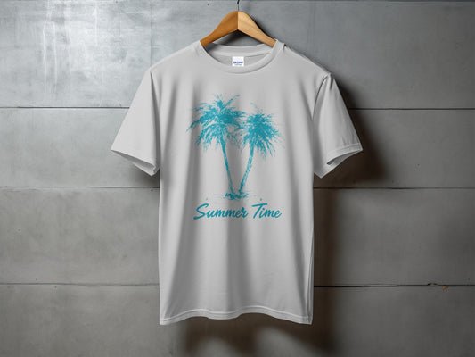 White t-shirt with two blue palm trees and "Summer Time" text.