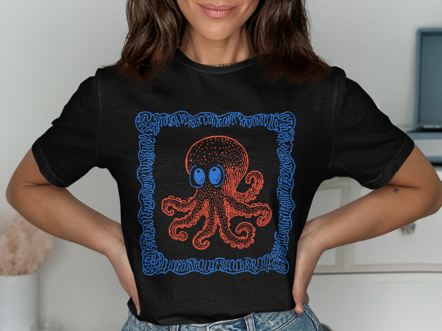 Colorful octopus design women's black t-shirt product