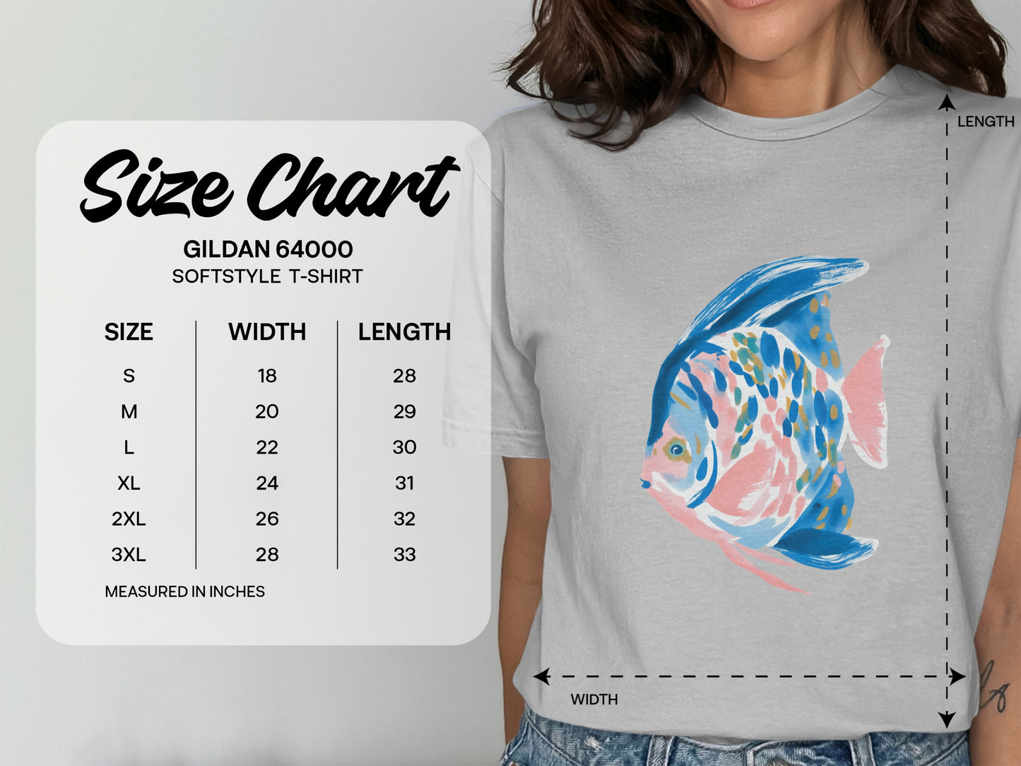 Gildan 64000 Softstyle T-shirt size chart with measurements in inches.