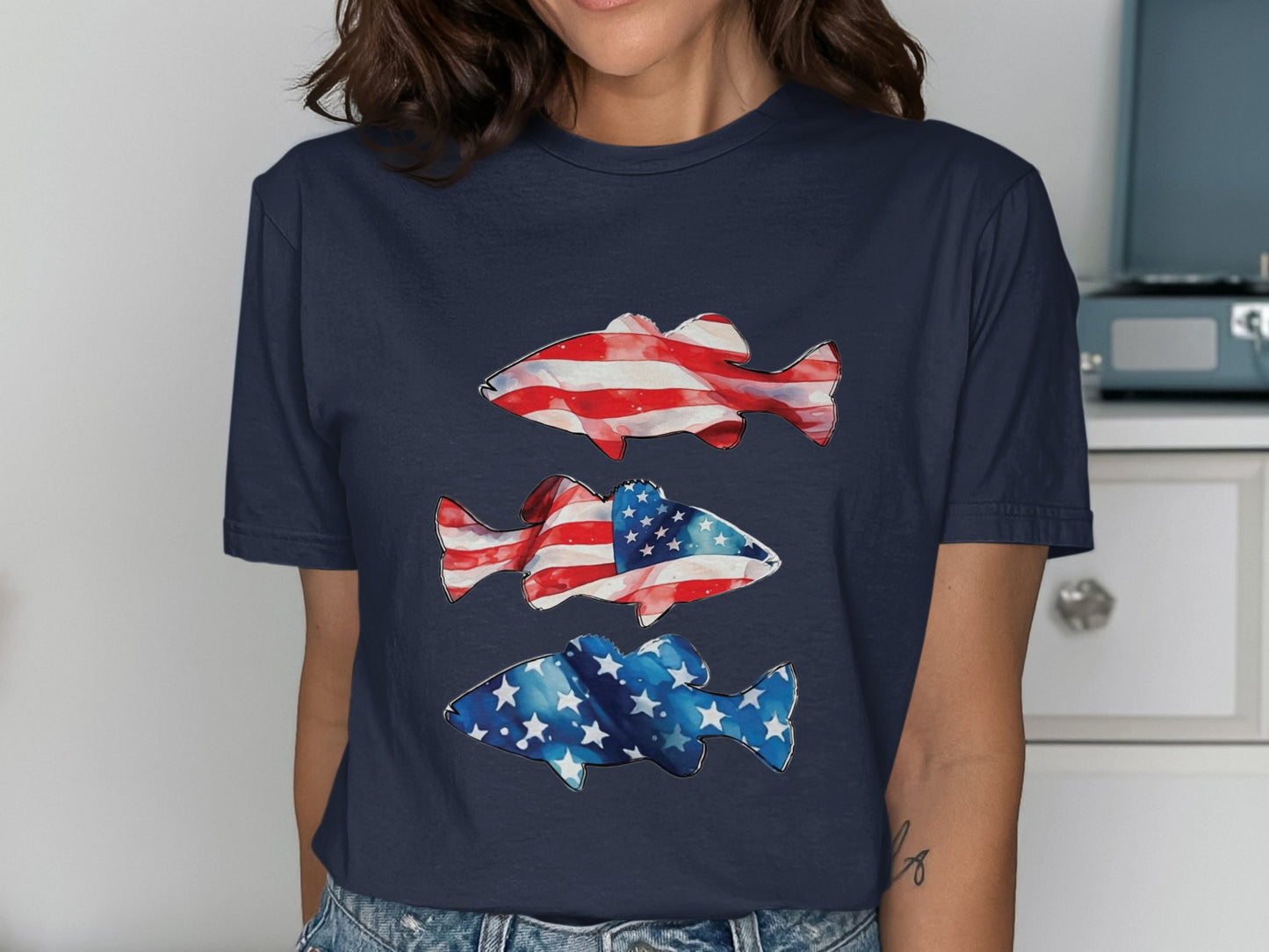 Patriotic American Flag Fish Print Short Sleeve Shirt product type