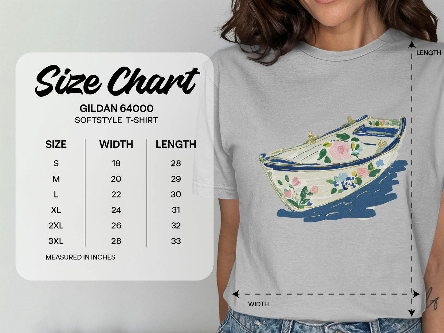 Gildan 64000 softstyle t-shirt size chart with measurements in inches.
