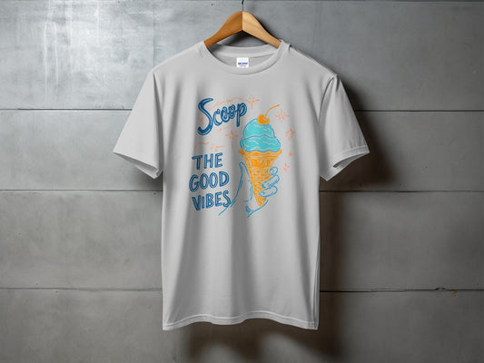 White t-shirt with ice cream cone and "Scoop the Good Vibes" text.