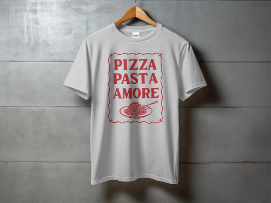 White t-shirt with "PIZZA PASTA AMORE" text and spaghetti graphic.
