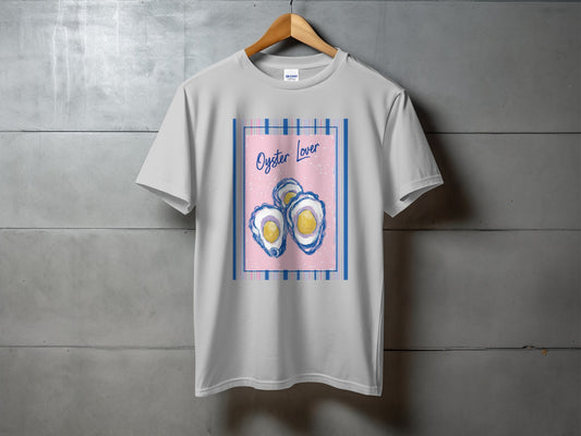 White t-shirt with "Oyster Lover" and three oysters graphic.