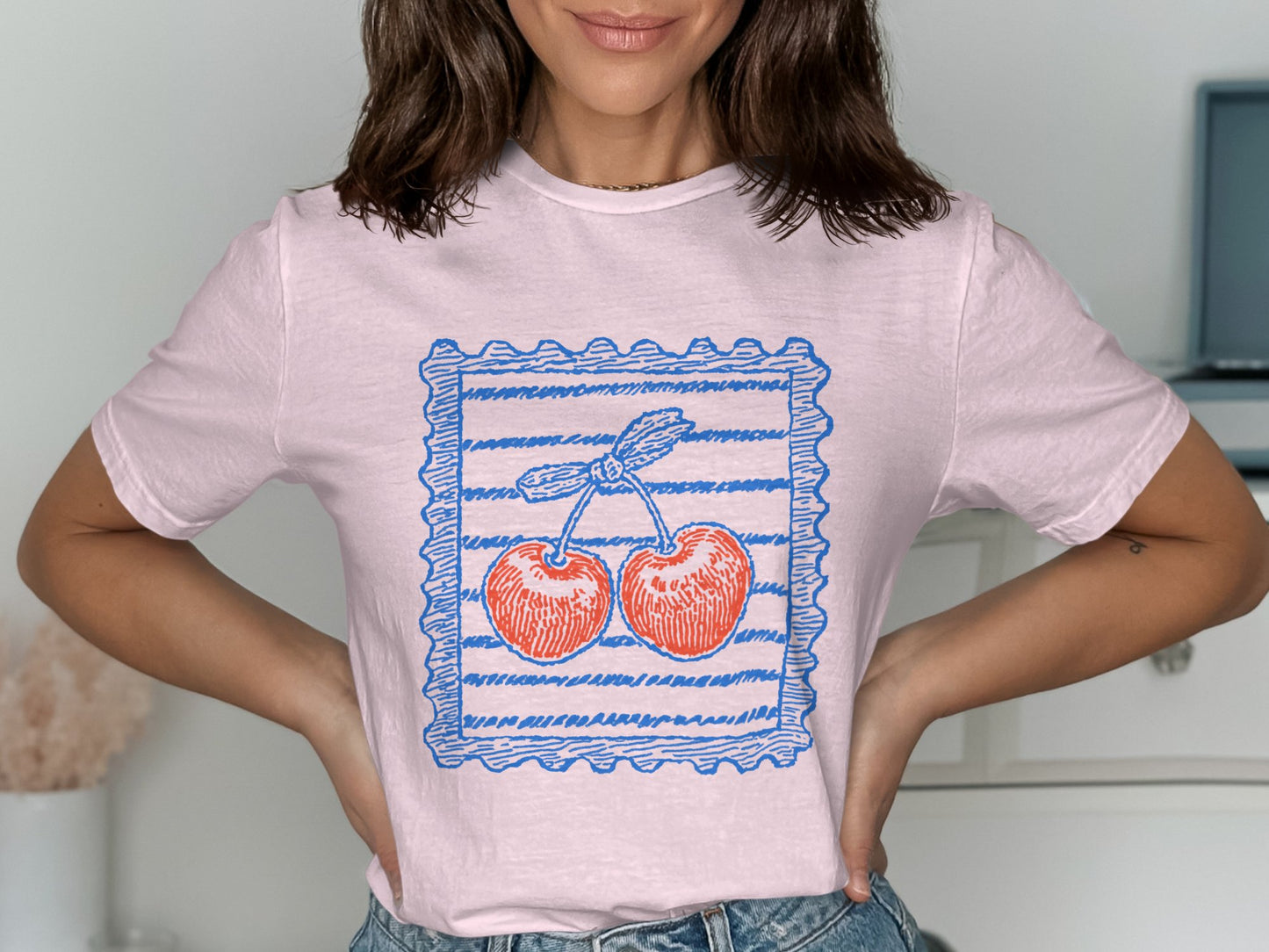 Adorable Cherry Illustration Pink T-Shirt Product Type