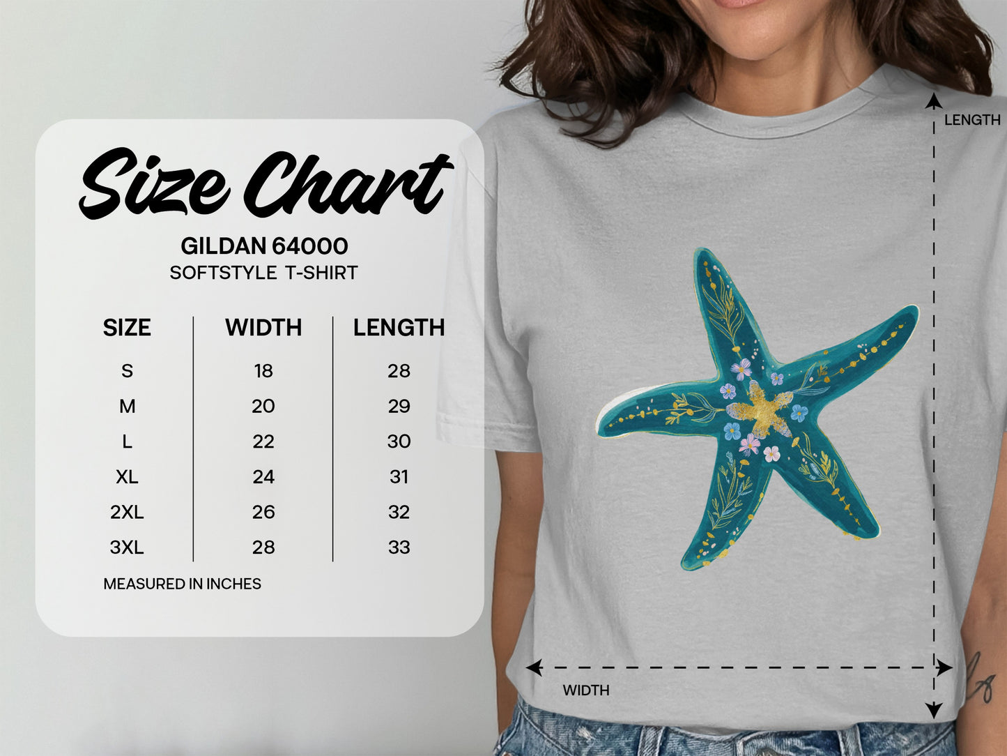 Gildan 64000 Softstyle T-shirt size chart with width and length measurements in inches.