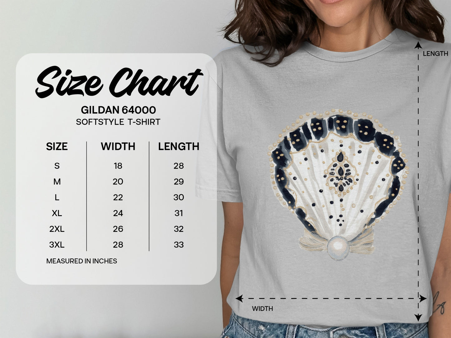 Gildan 64000 Softstyle T-shirt size chart with measurements in inches.