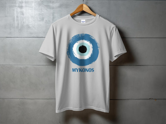 Grey t-shirt with a blue and white evil eye graphic and "MYKONOS" text.
