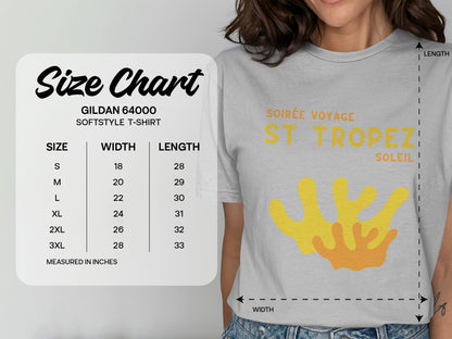 Gildan 64000 softstyle t-shirt size chart with measurements for St. Tropez graphic.