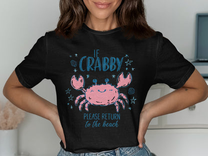 Black t-shirt with pink crab and "If Crabby Please Return to the Beach" text.