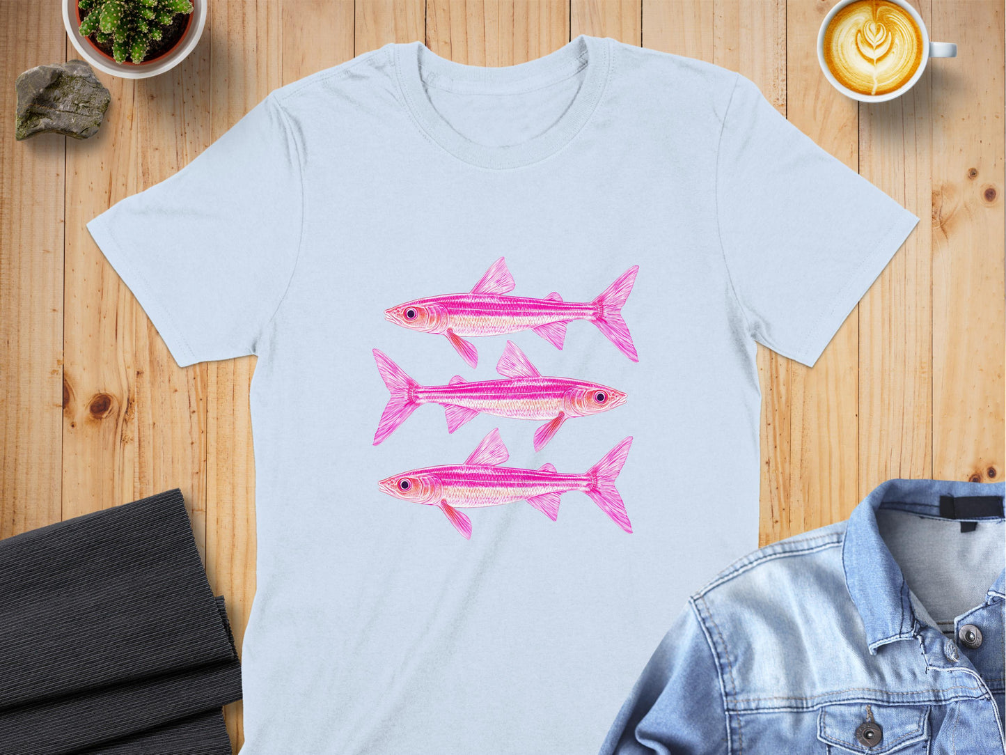 Pink Three Fish Artwork Printed Design T-Shirt product type
