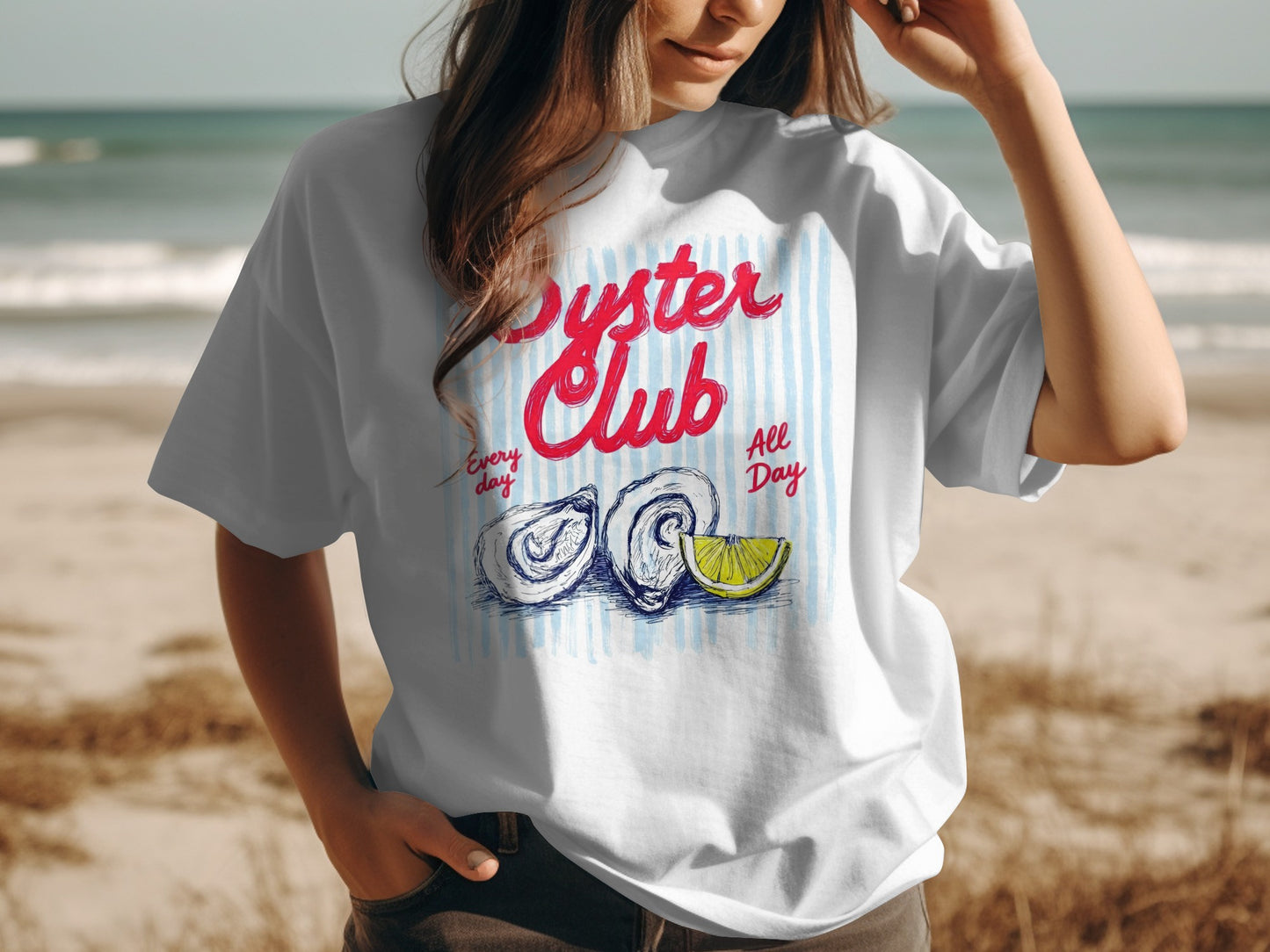 White t-shirt with "Oyster Club" text and oyster illustration.