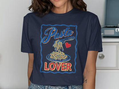 Navy t-shirt with "Pasta Lover" text and illustration of spaghetti on a fork.